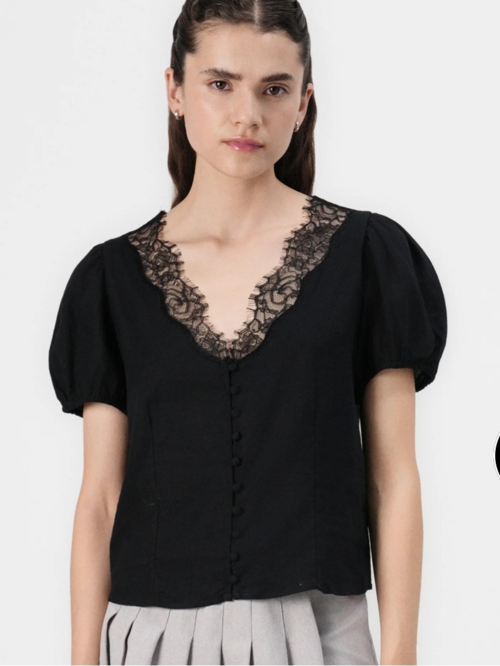Black Lace-Trim Puff Sleeve Top